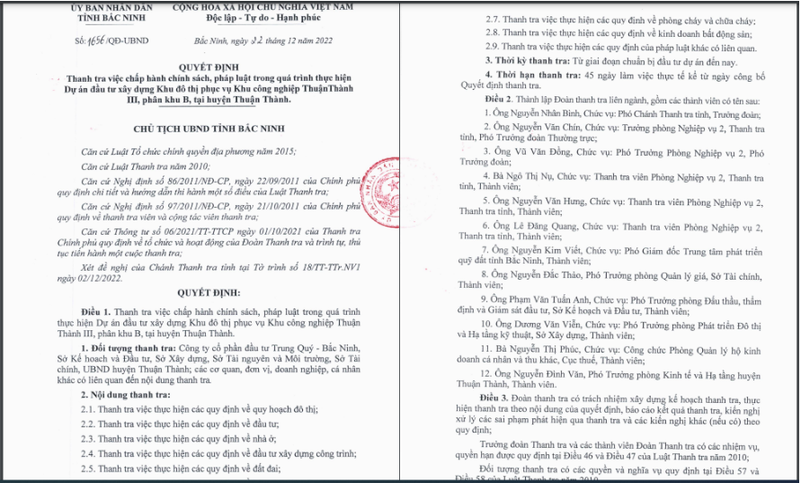 Quyết định thanh tra việc chấp hành chính sách, pháp luật trong quá trình thực hiện dự án khu đô thị phục vụ khu công nghiệp Thuận Thành III.