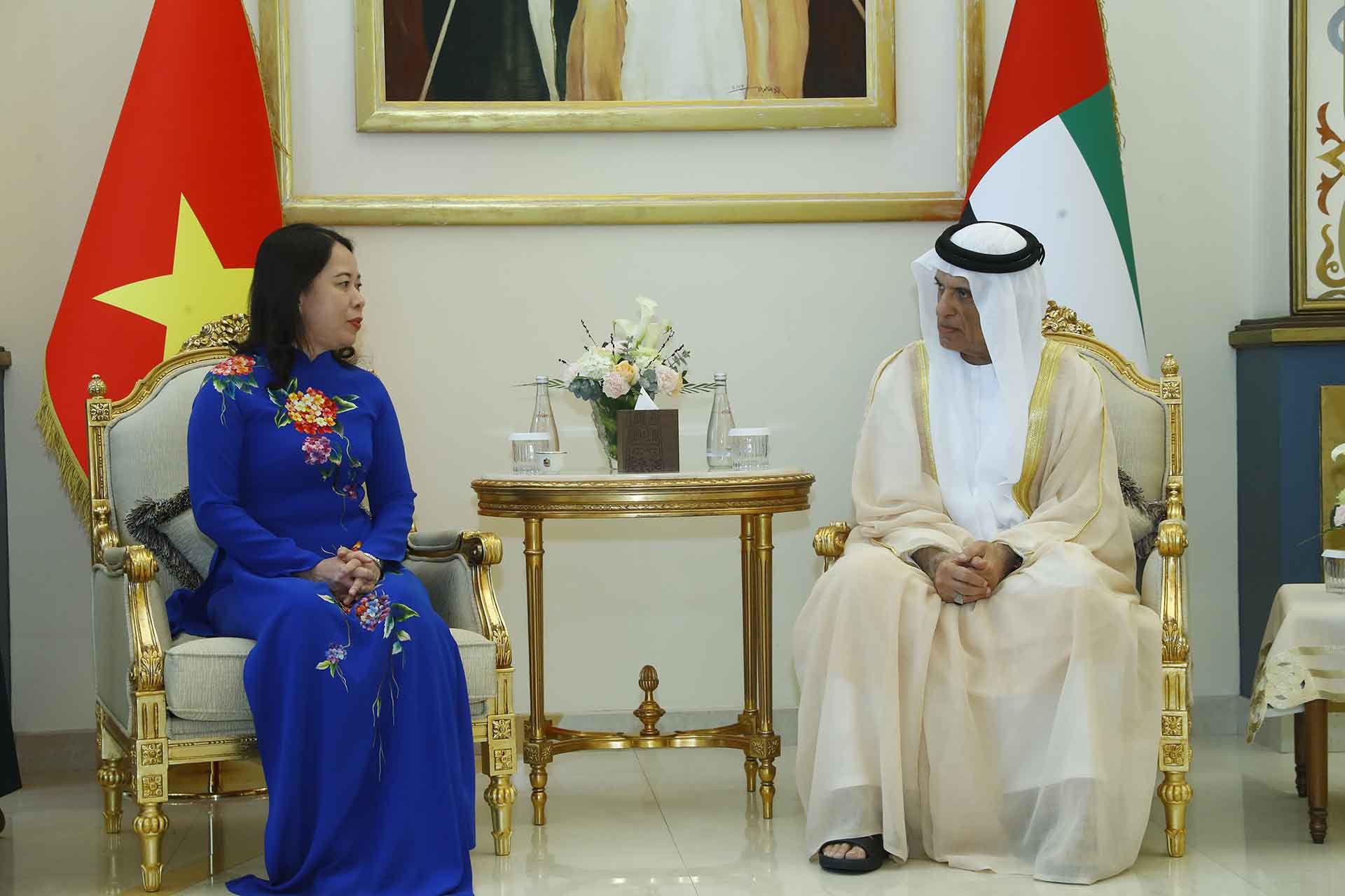 Phó Chủ tịch nước Võ Thị Ánh Xuân hội kiến Tiểu vương Ras Al Khaimah Sheikh Saud bin Saqr al Qasimi. (Nguồn: TTXVN)