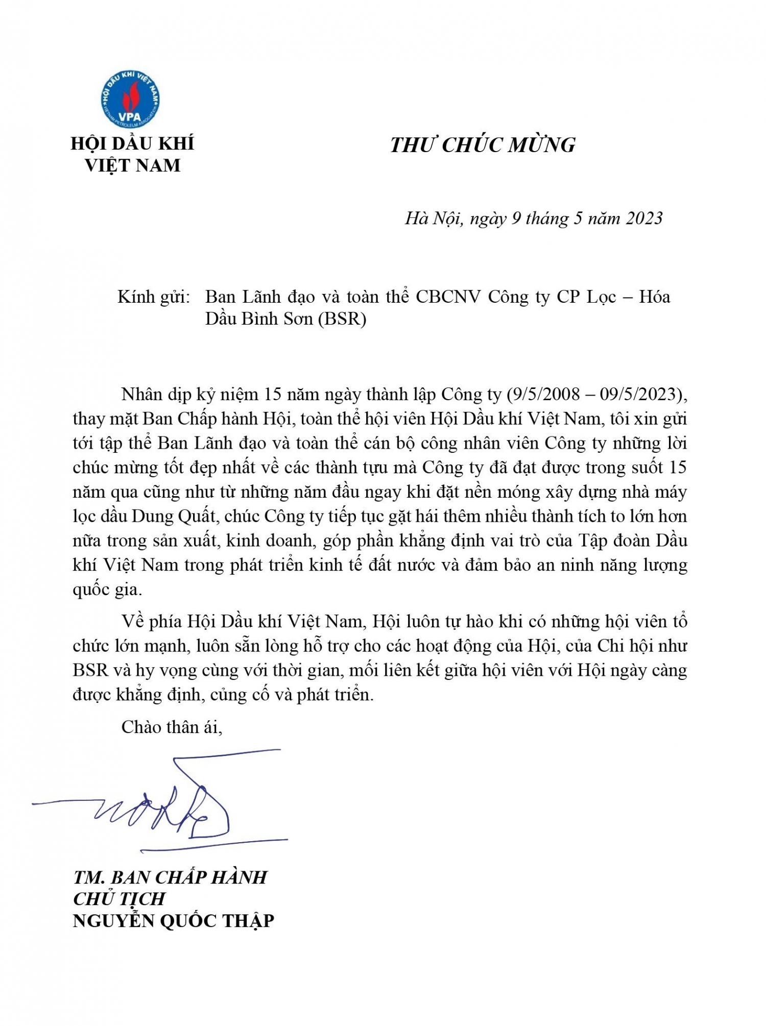 Thư chúc ừng của Hội Dầu khí Việt Nam