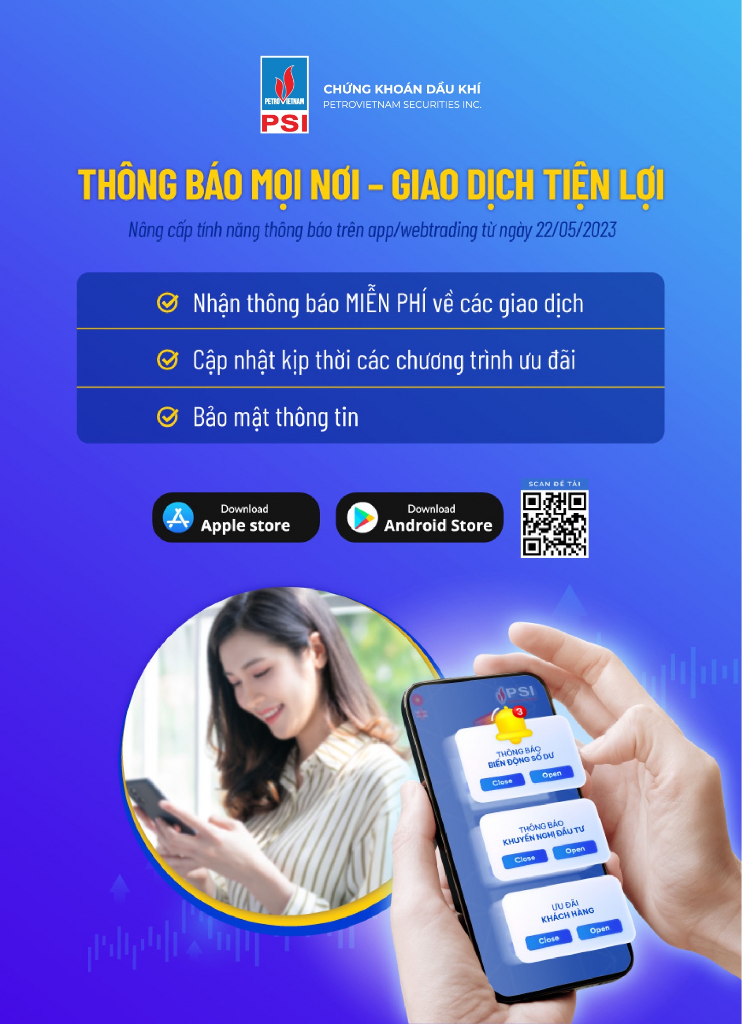 PSI triển khai tính năng gửi thông báo qua ứng dụng giao dịch trực tuyến với khách hàng