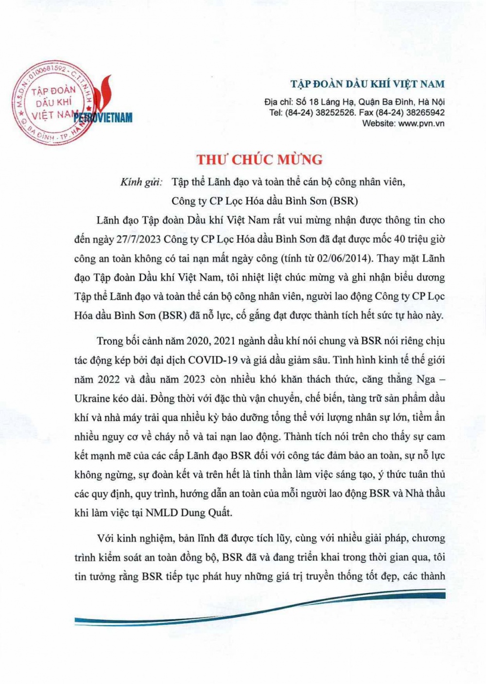 Thư chúc mừng của Lãnh đạo Petrovietnam nhân kỷ niệm BSR đạt 40 triệu giờ công an toàn
