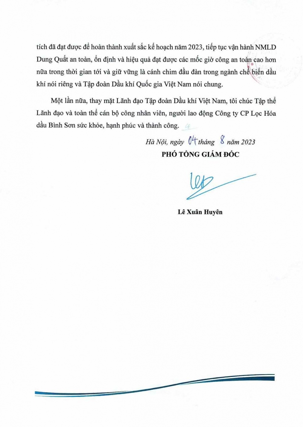 Thư chúc mừng của Phó Tổng Giám đốc Petrovietnam Lê Xuân Huyên nhân kỷ niệm BSR đạt 40 triệu giờ công an toàn