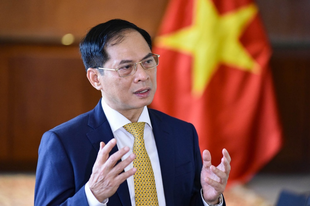 ộ trưởng Bộ Ngoại giao Bùi Thanh Sơn trả lời phỏng vấn của phóng viên tháp tùng đoàn