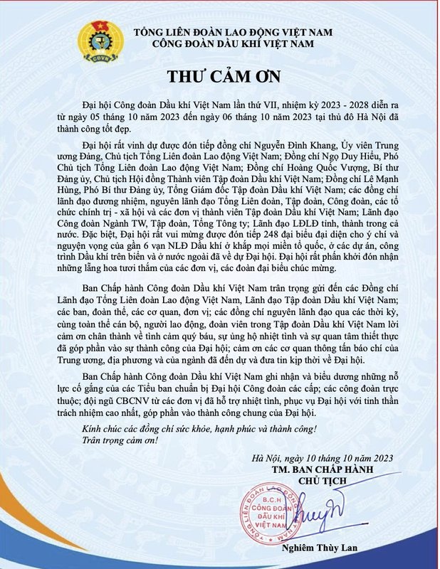 Thư cảm ơn của Ban Chấp hành Công đoàn Dầu khí Việt Nam