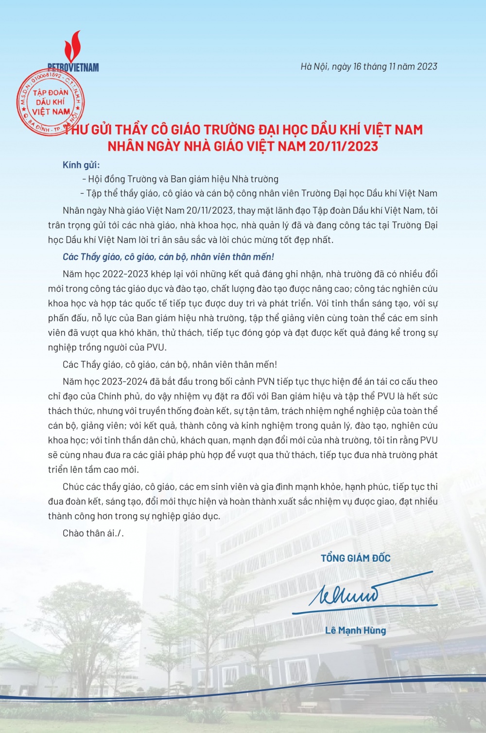 Tổng Giám đốc Petrovietnam gửi thư chúc mừng Trường Đại học Dầu khí Việt Nam nhân Ngày Nhà giáo Việt Nam
