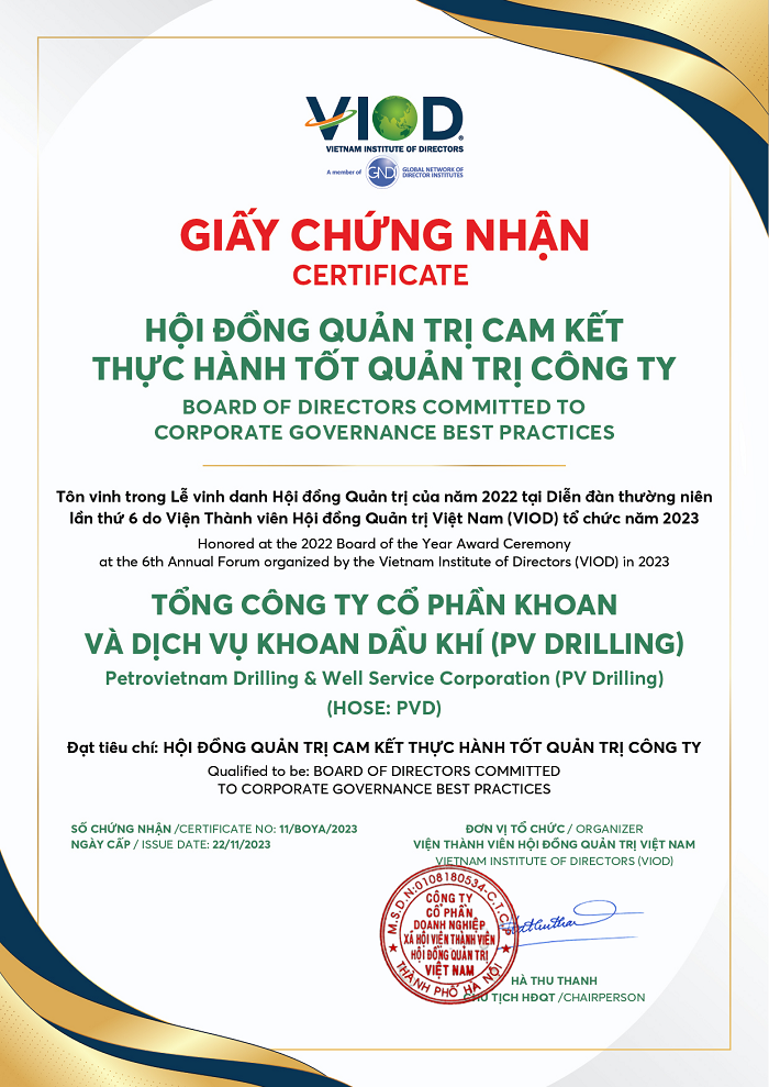 PV Drilling nhận giải thưởng Hội đồng quản trị cam kết thực hành tốt quản trị công ty