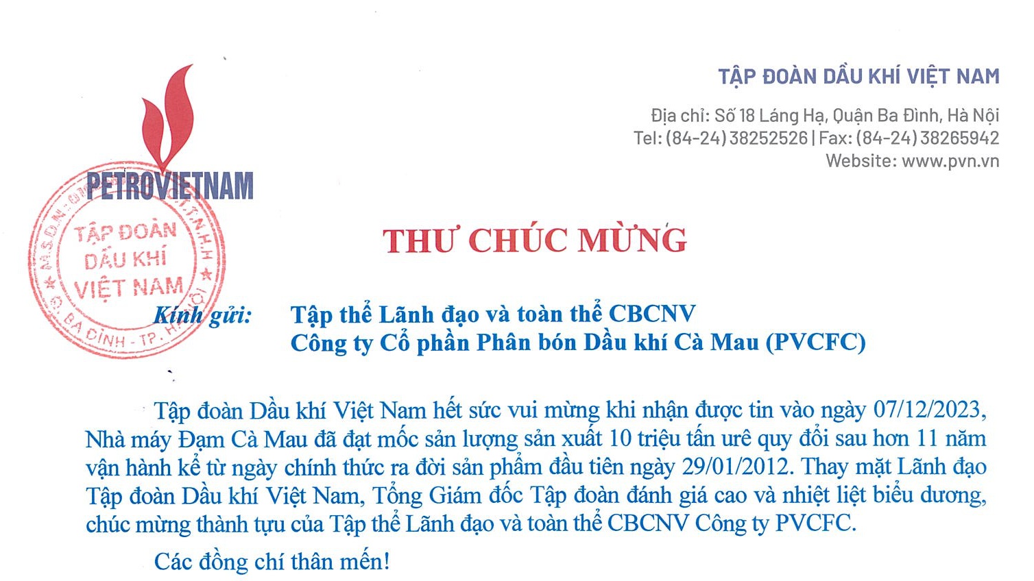 Lãnh đạo Petrovietnam gửi thư chúc mừng PVCFC nhân sự kiện Nhà máy Đạm Cà Mau đạt mốc sản lượng 10 triệu tấn Urê