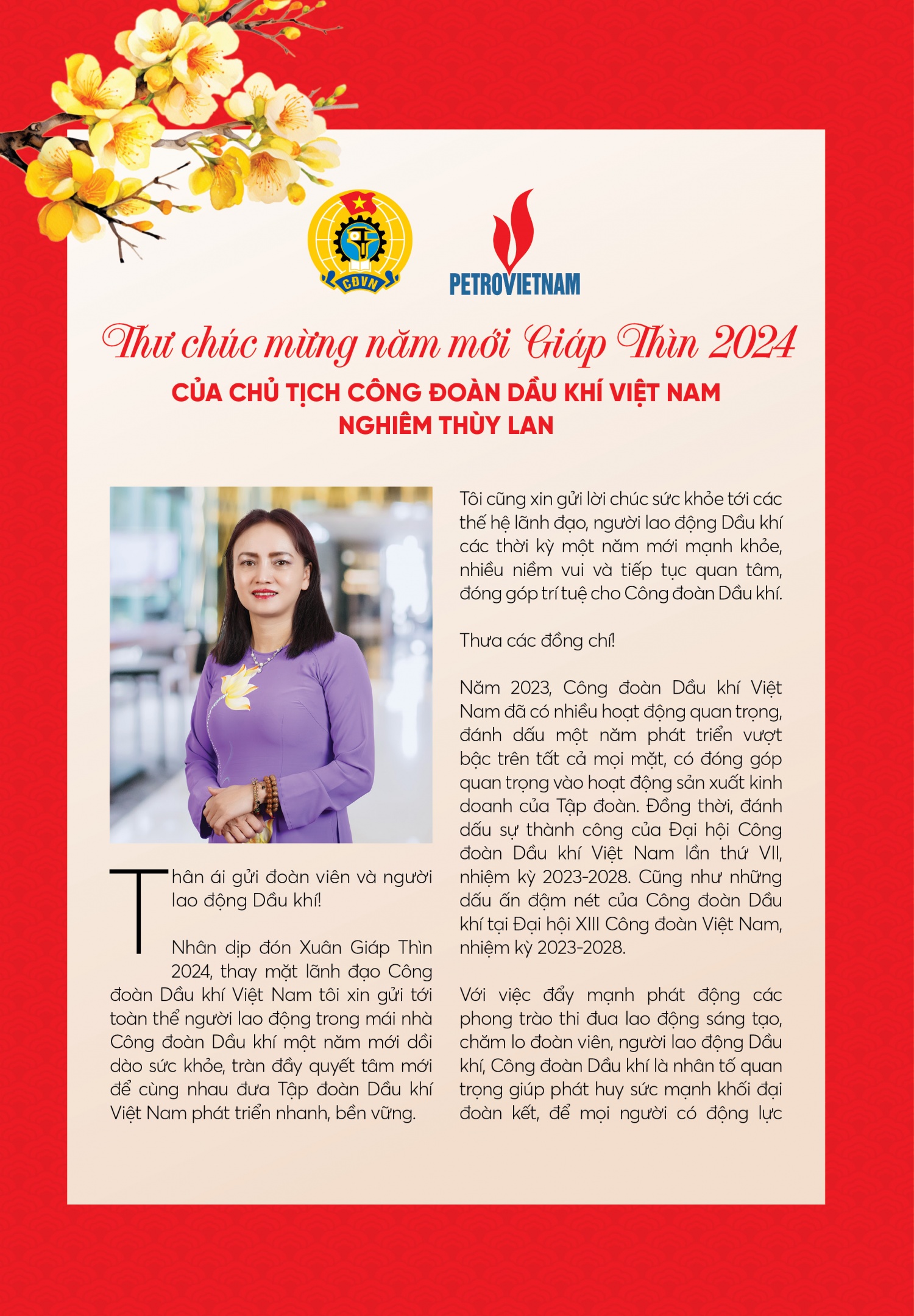 Thư chúc mừng năm mới của Chủ tịch Công đoàn Dầu khí Việt Nam