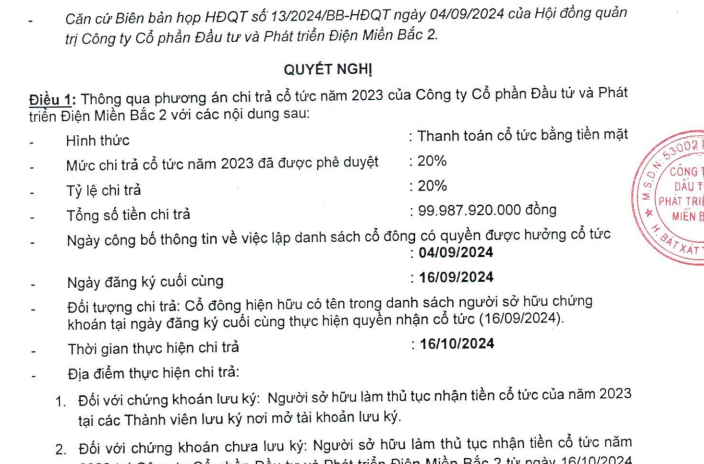 Đầu tư và Phát triển Điện Miền Bắc 2 (NEDI2) chốt ngày chia cổ tức 20% bằng tiền mặt