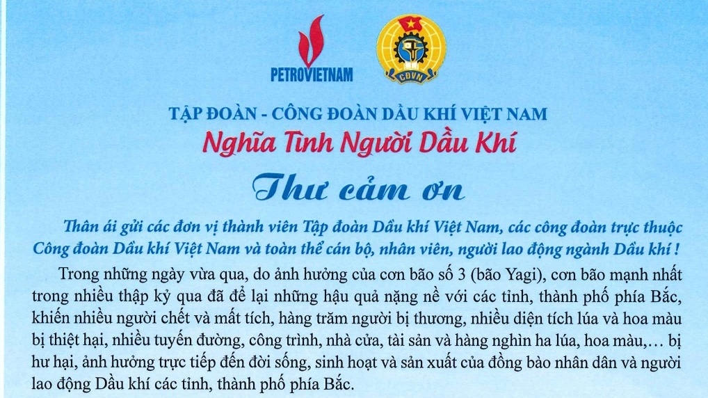Tập đoàn - CĐ DKVN gửi thư cảm ơn CBCNV đã tích cực đóng góp ủng hộ đồng bào bị ảnh hưởng bởi cơn bão số 3
