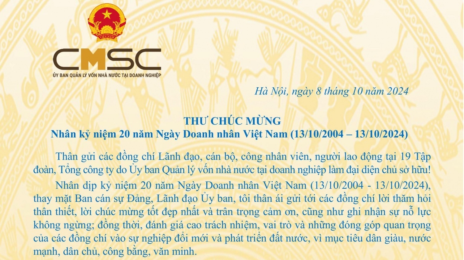 Thư chúc mừng của Ủy ban QLVNN tại doanh nghiệp nhân kỷ niệm 20 năm Ngày Doanh nhân Việt Nam