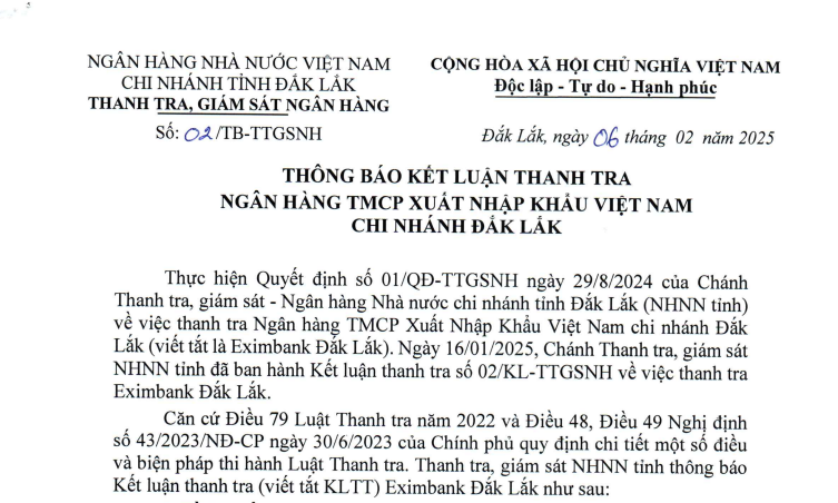 Nhiều sai phạm trong hoạt động tín dụng tại Eximbank Đắk Lắk