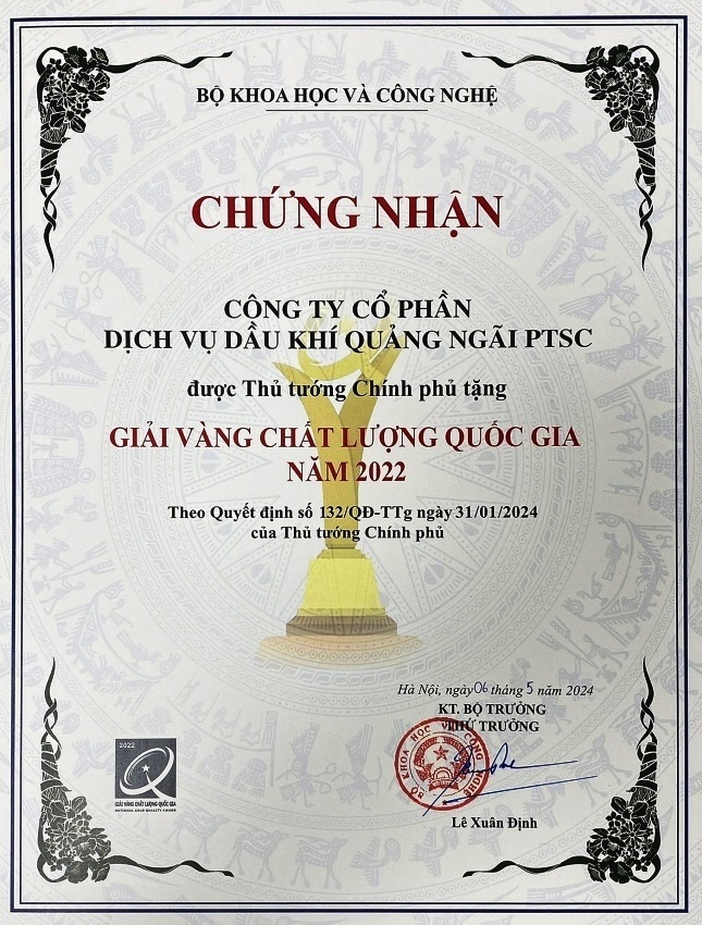 PTSC Quảng Ngãi nhận chứng nhận Giải Vàng Chất lượng Quốc gia năm 2022