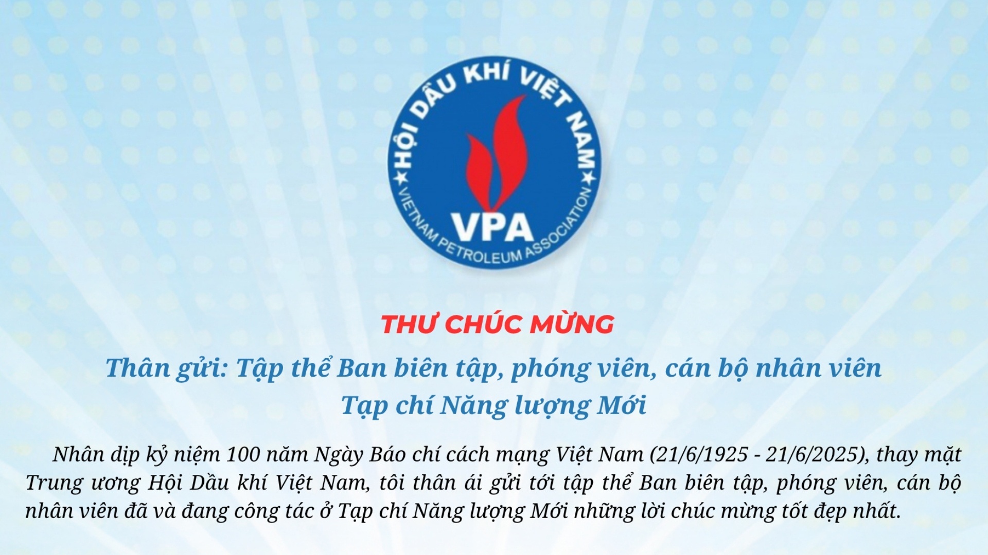 Chủ tịch Hội Dầu khí Việt Nam gửi thư chúc mừng Tạp chí Năng lượng Mới – PetroTimes nhân kỷ niệm 100 năm Ngày Báo chí Cách mạng Việt Nam