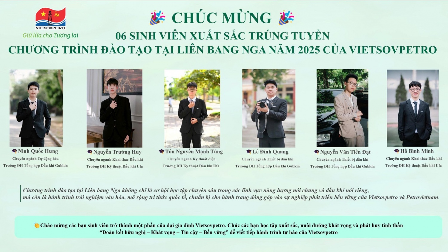 Vietsovpetro: 6 sinh viên xuất sắc trúng tuyển chương trình đào tạo tại Liên bang Nga Vietsovpetro: 6 sinh viên xuất sắc trúng tuyển chương trình đào tạo tại Liên bang Nga