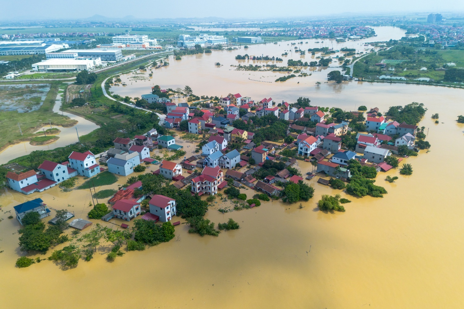 Một phần xã Hiệp Hòa đang chìm trong biển nước.  Một phần xã Hiệp Hòa đang chìm trong biển nước.