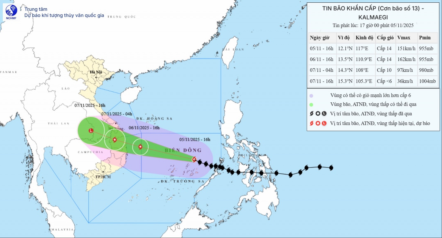 Dự báo hướng di chuyển của bão số 13. Ảnh: Trung tâm Dự báo Khí tượng Thủy văn Quốc gia. Dự báo hướng di chuyển của bão số 13. Ảnh: Trung tâm Dự báo Khí tượng Thủy văn Quốc gia.
