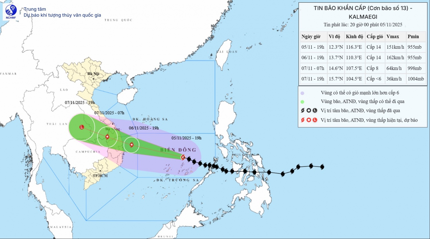 Dự kiến hướng di chuyển của bão số 13. Ảnh: Trung tâm Dự báo Khí tượng Thủy văn. Dự kiến hướng di chuyển của bão số 13. Ảnh: Trung tâm Dự báo Khí tượng Thủy văn.