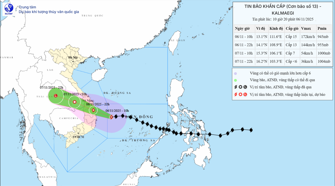 Dự báo hướng di chuyển của bão số 13. Ảnh: Trung tâm Dự báo Khí tượng Thuỷ văn Quốc gia. Dự báo hướng di chuyển của bão số 13. Ảnh: Trung tâm Dự báo Khí tượng Thuỷ văn Quốc gia.