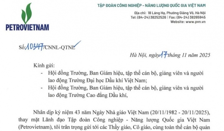 Tổng Giám đốc Petrovietnam Lê Ngọc Sơn gửi thư chúc mừng PVU và PV College nhân Ngày Nhà giáo Việt Nam