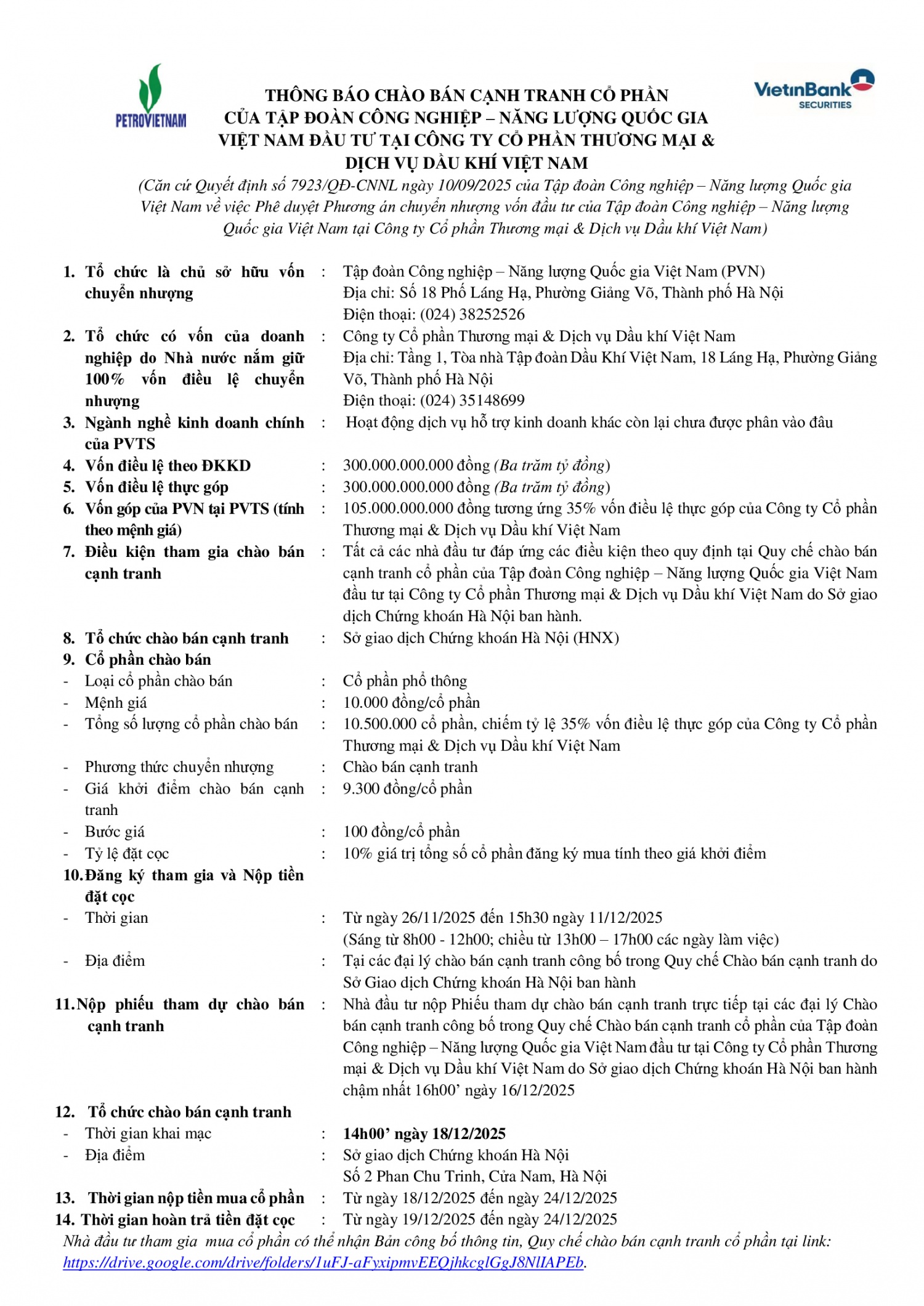 Thông báo chào bán cạnh tranh cổ phần tại Công ty Cổ phần Thương mại & Dịch vụ Dầu khí Việt Nam