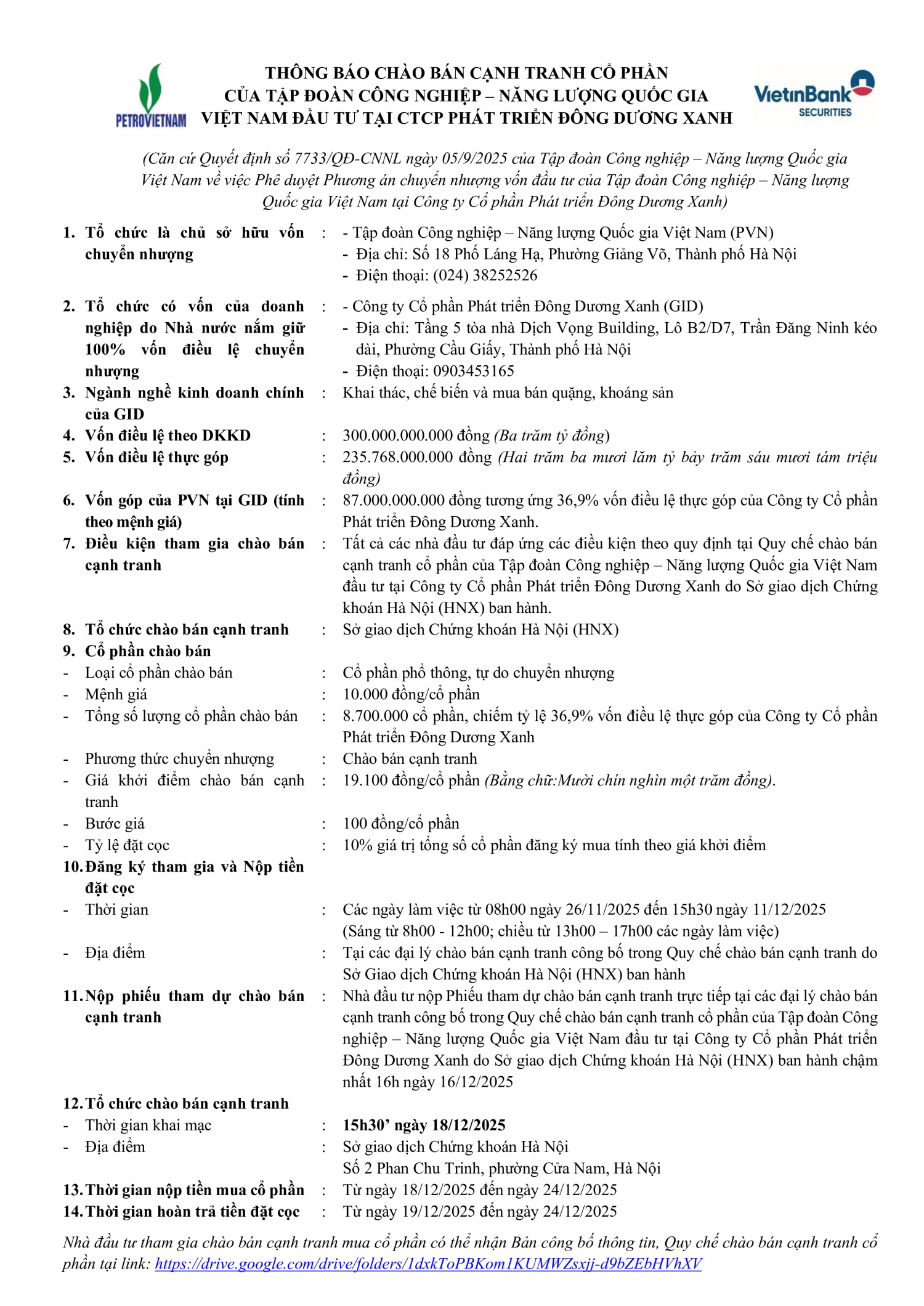 Thông báo chào bán cạnh tranh cổ phần tại Công ty Cổ phần Phát triển Đông Dương Xanh
