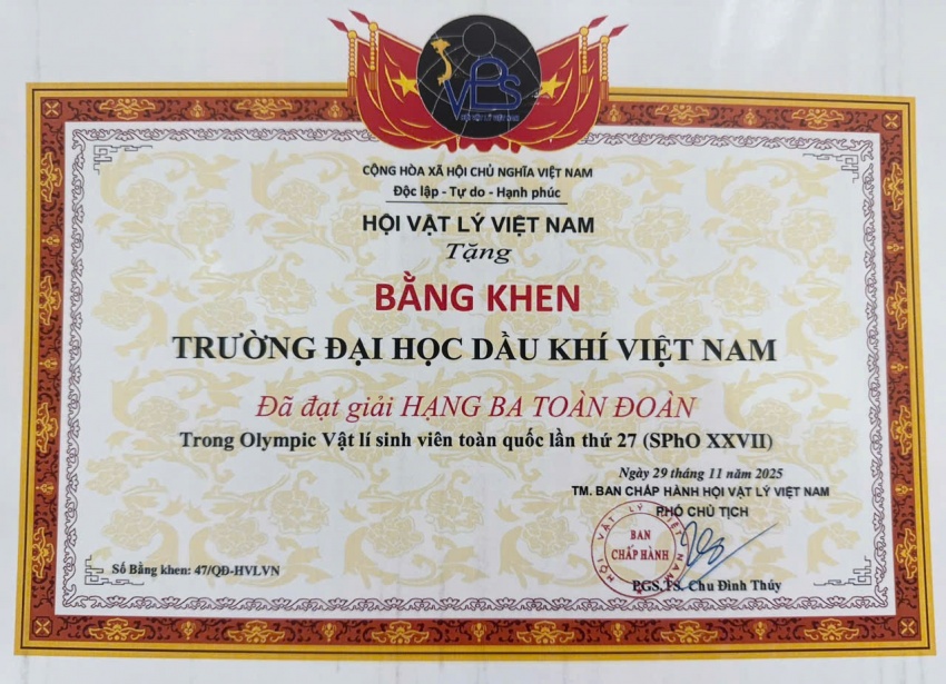Đội tuyển Trường Đại học Dầu khí Việt Nam đoạt giải hạng Ba toàn đoàn tại Kỳ thi Olympic Vật lý Sinh viên toàn quốc năm 2025 Đội tuyển PVU đạt giải Ba toàn đoàn tại Kỳ thi Olympic Vật lý sinh viên toàn quốc năm 2025