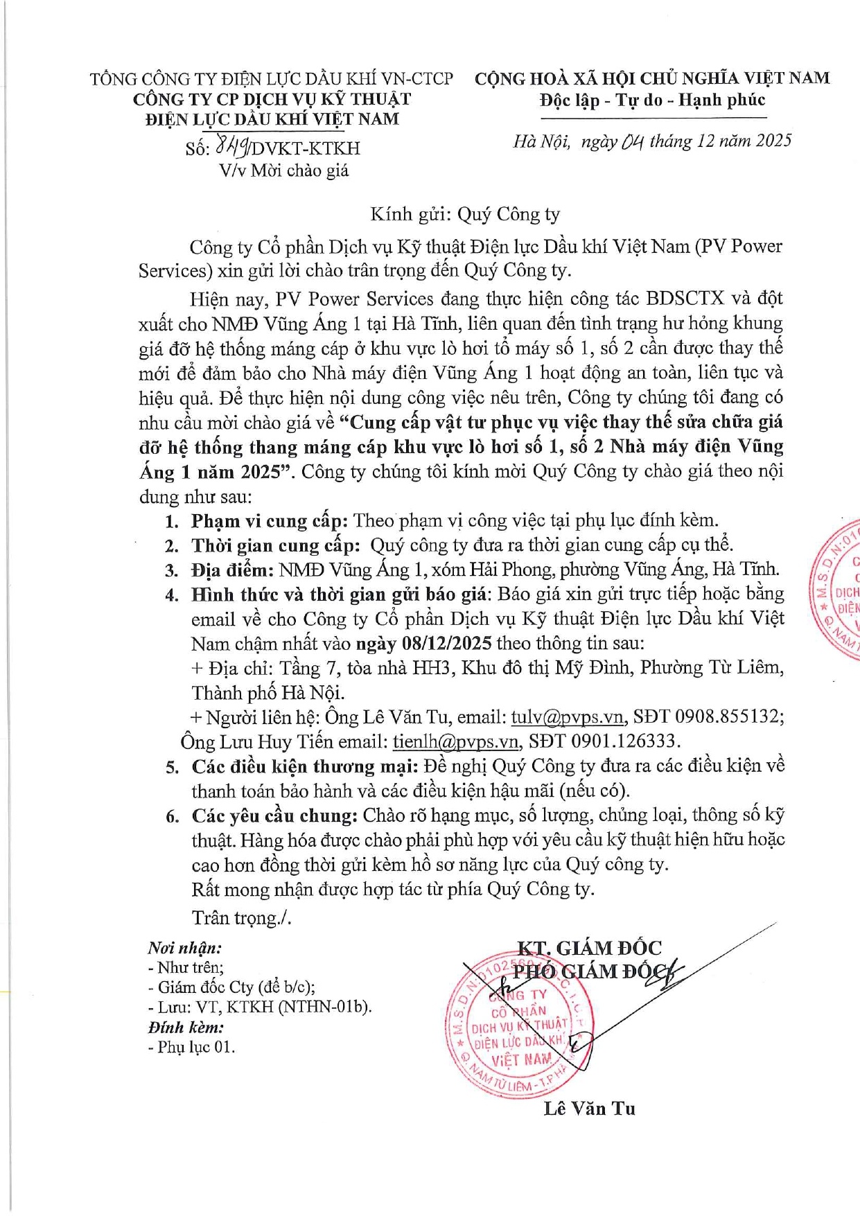 PV Power Services thông báo mời chào giá cung cấp vật tư