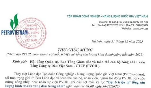 Chủ tịch HĐTV Petrovietnam Lê Ngọc Sơn gửi thư chúc mừng PVOIL nhân dịp đạt mốc sản lượng 6 triệu m3