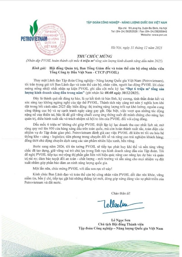 Chủ tịch HĐTV Petrovietnam Lê Ngọc Sơn gửi thư chúc mừng PVOIL nhân dịp đạt mốc sản lượng 6 triệu m3