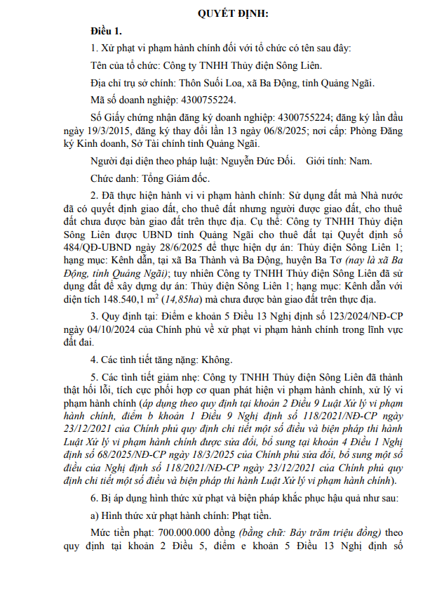Phạt 700 triệu đồng Thủy điện Sông Liên vì sử dụng đất khi chưa được bàn giao