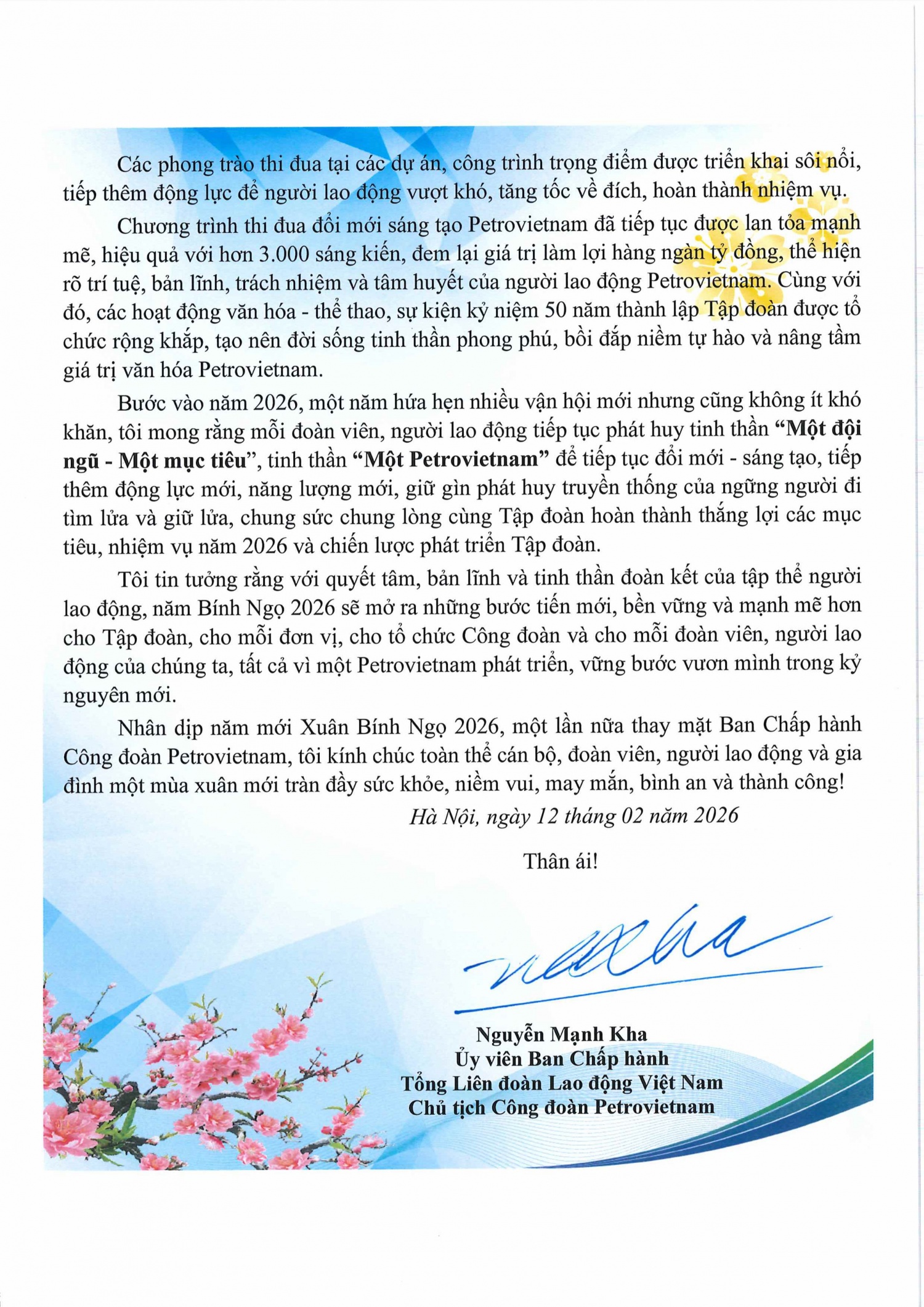 Thư chúc mừng năm mới Bính Ngọ 2026 của Chủ tịch Công đoàn Tập đoàn Công nghiệp - Năng lượng Quốc gia Việt Nam Thư chúc mừng năm mới Bính Ngọ 2026 của Chủ tịch Công đoàn Tập đoàn Công nghiệp - Năng lượng Quốc gia Việt Nam