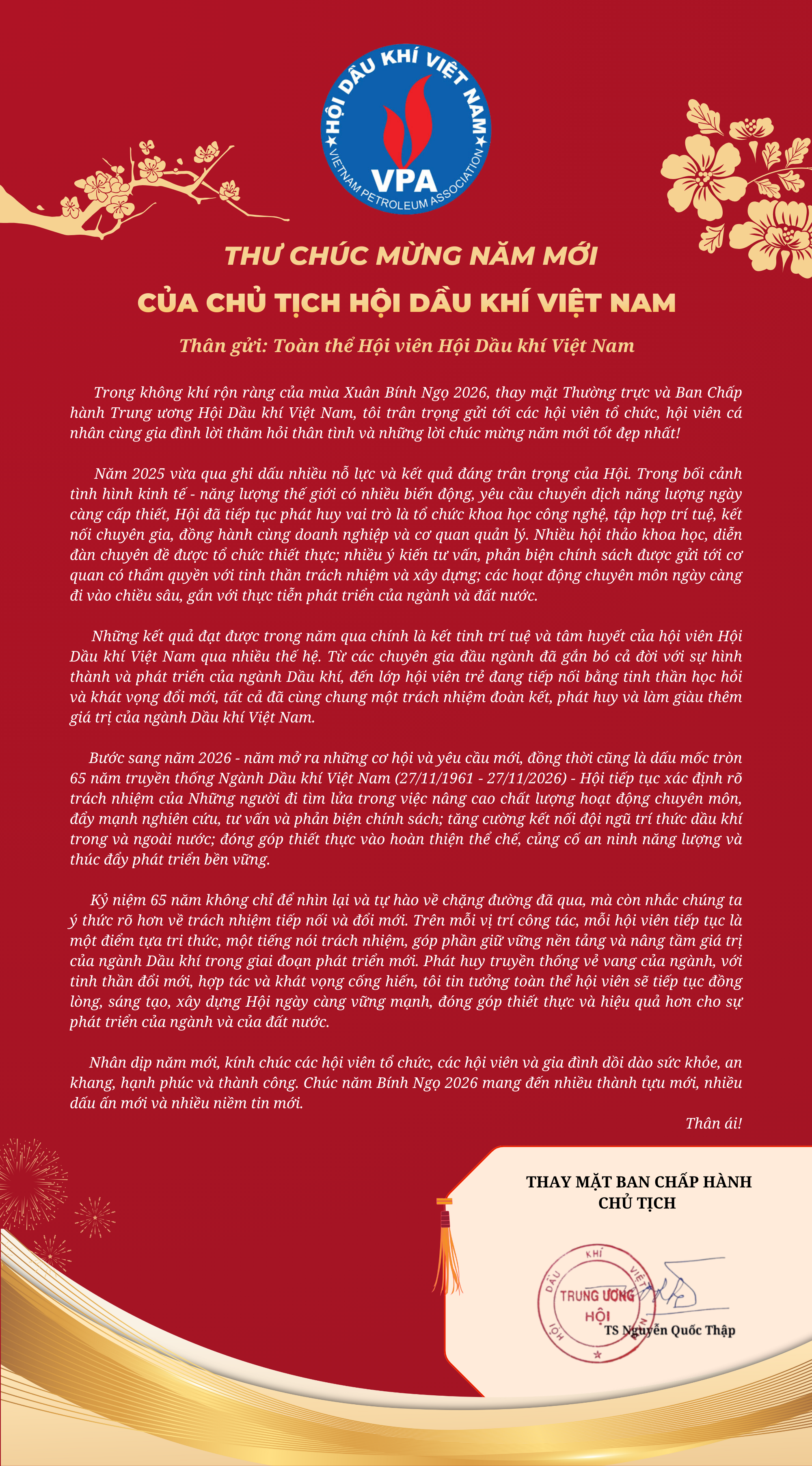 Thư chúc mừng năm mới Xuân Bính Ngọ 2026 của Chủ tịch Hội Dầu khí Việt Nam
