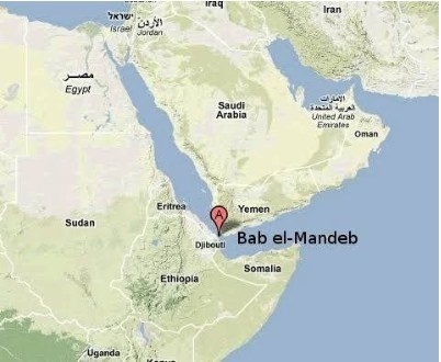 Vị trí eo biển Bab el‑Mandeb.