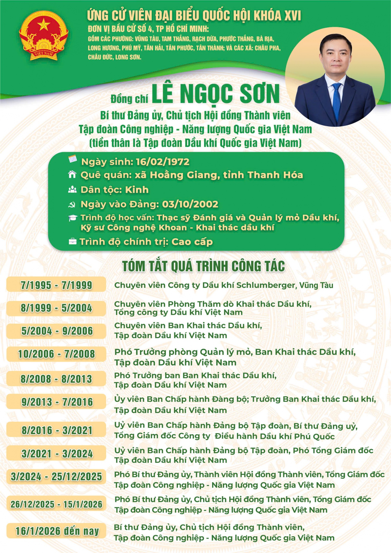 Đồng chí Lê Ngọc Sơn ứng cử đại biểu Quốc hội khóa XVI tại đơn vị bầu cử số 4, TP Hồ Chí Minh Đồng chí Lê Ngọc Sơn ứng cử đại biểu Quốc hội khóa XVI tại đơn vị bầu cử số 4, TP Hồ Chí Minh