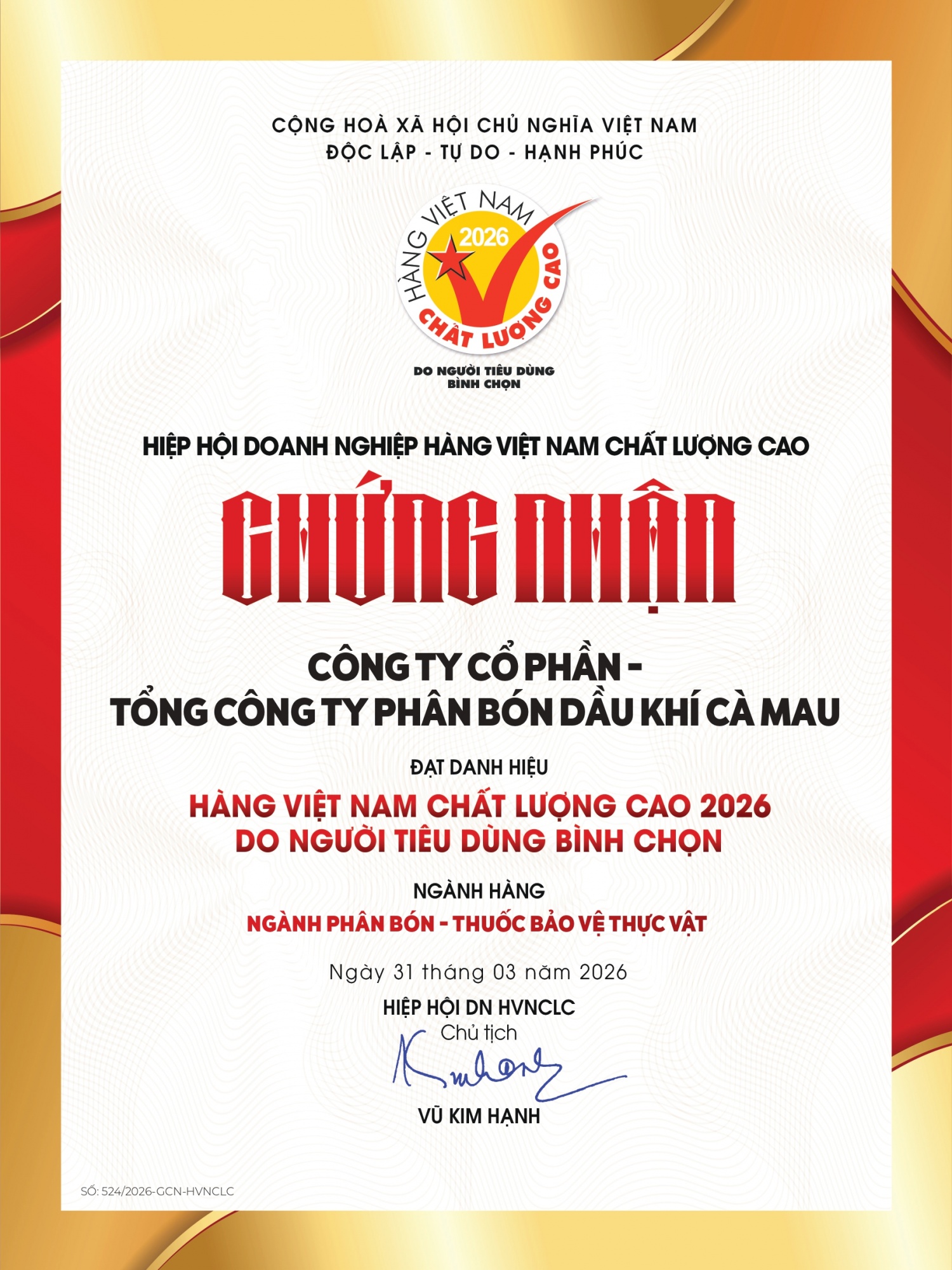 Phân bón Cà Mau giữ vững danh hiệu Hàng Việt Nam chất lượng cao năm 2026 Phân bón Cà Mau giữ vững danh hiệu Hàng Việt Nam chất lượng cao năm 2026