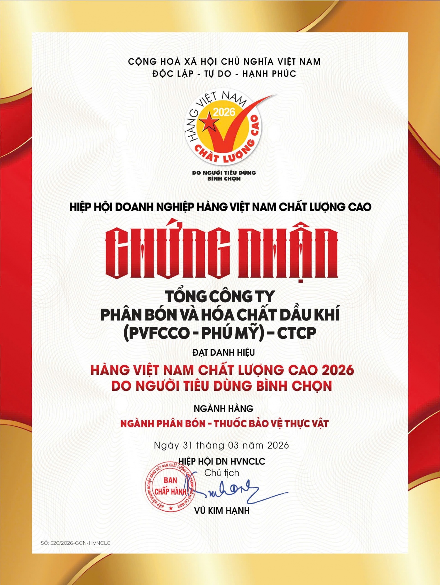 PVFCCo   Phú Mỹ: Niềm tin trọn vẹn với danh hiệu Hàng Việt Nam Chất lượng cao 2026