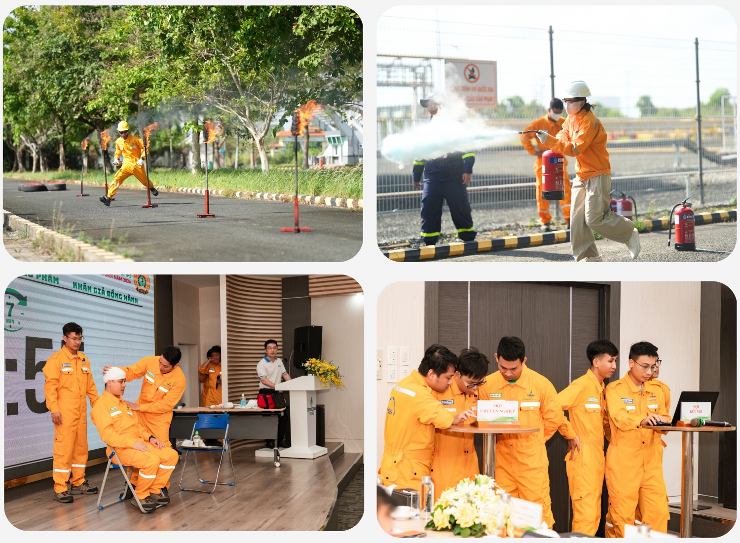 Các đội trải qua nhiều nội dung thi thiết thực, bám sát hoạt động sản xuất và vận hành thực tế như thi lý thuyết kiến thức an toàn, thực hành phòng cháy chữa cháy chuyên ngành, sơ cấp cứu