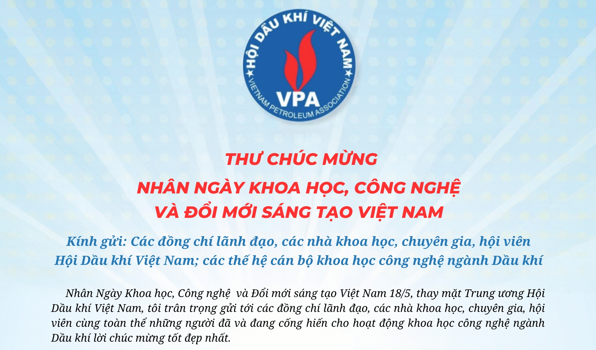Thư chúc mừng của Chủ tịch Hội Dầu khí Việt Nam nhân Ngày Khoa học, Công nghệ và Đổi mới sáng tạo Việt Nam (18/5/2026)