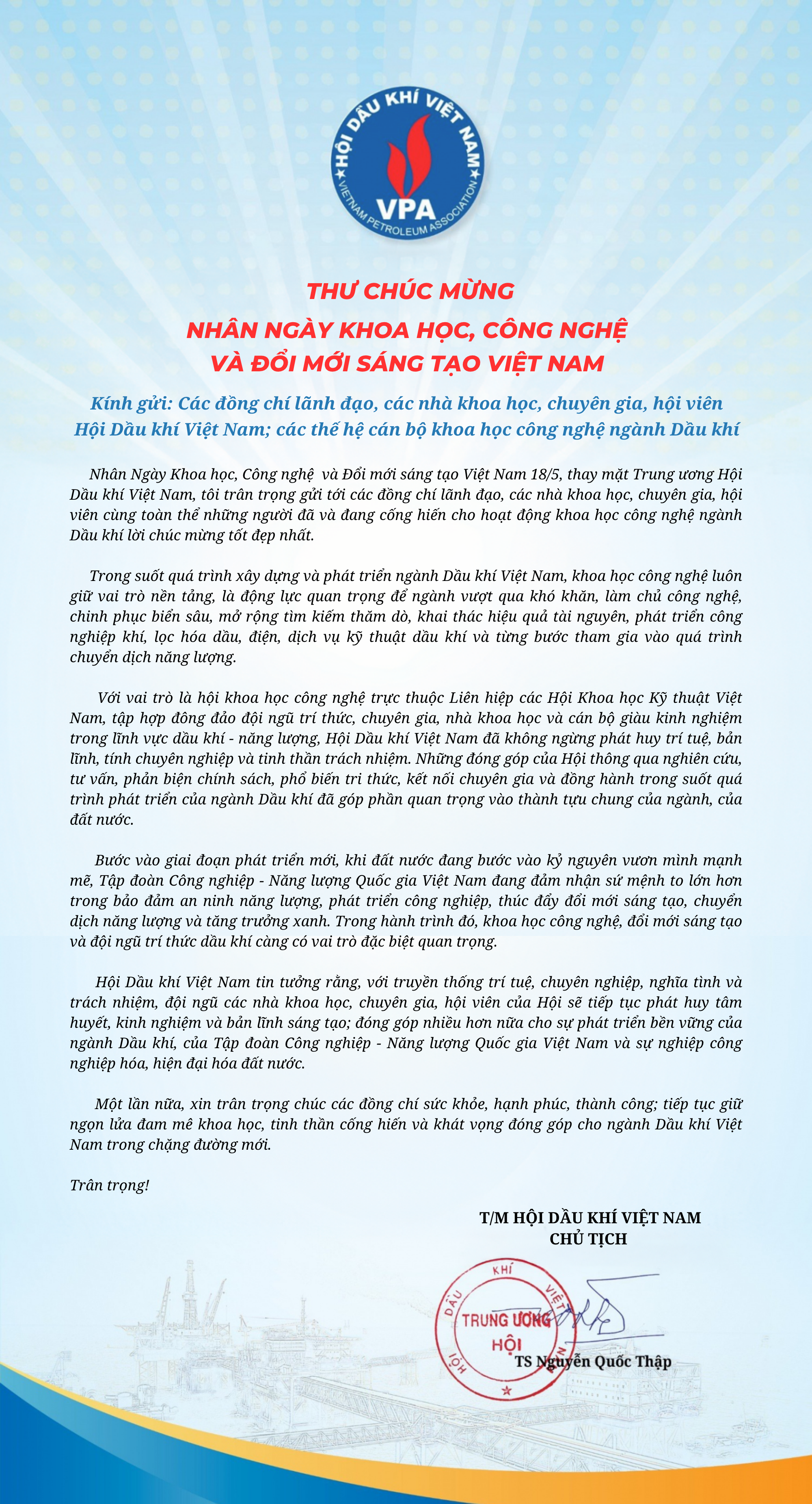 Thư chúc mừng của Chủ tịch Hội Dầu khí Việt Nam nhân Ngày Khoa học và Công nghệ Việt Nam (18/5/2026)