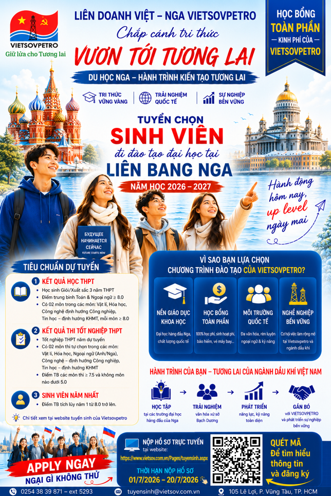 Vietsovpetro tuyển chọn 12 sinh viên tài năng đi đào tạo Đại học tại Liên Bang Nga năm học 2026-2027 Vietsovpetro tuyển chọn 12 sinh viên tài năng đào tạo hệ Đại học tại Liên bang Nga năm học 2026-2027
