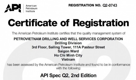 Chi nhánh của PV Drilling được Viện Dầu khí Hoa Kỳ cấp chứng nhận Quản lý và vận hành các giàn khoan ngoài khơi