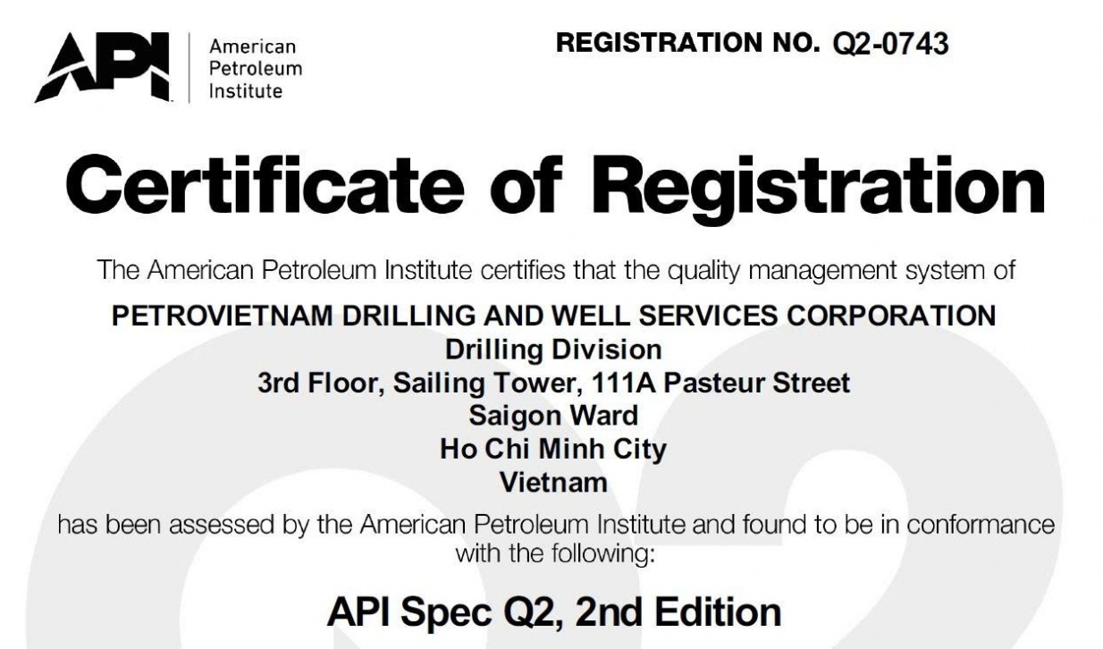Chi nhánh của PV Drilling được Viện Dầu khí Hoa Kỳ cấp chứng nhận Quản lý và vận hành các giàn khoan ngoài khơi
