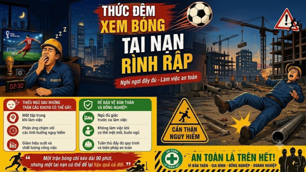 Chương trình đưa ra khuyến cáo về nguy cơ mất an toàn do thiếu ngủ khi thức khuya theo dõi các trận đấu tại World Cup 2026, khuyến nghị người lao động đảm bảo thời gian nghỉ ngơi để duy trì sức khỏe và sự tỉnh táo trong công việc
