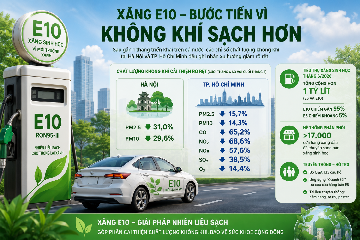 Một tháng triển khai xăng E10: Chất lượng không khí cải thiện rõ, tiêu thụ đạt hơn 1 tỷ lít