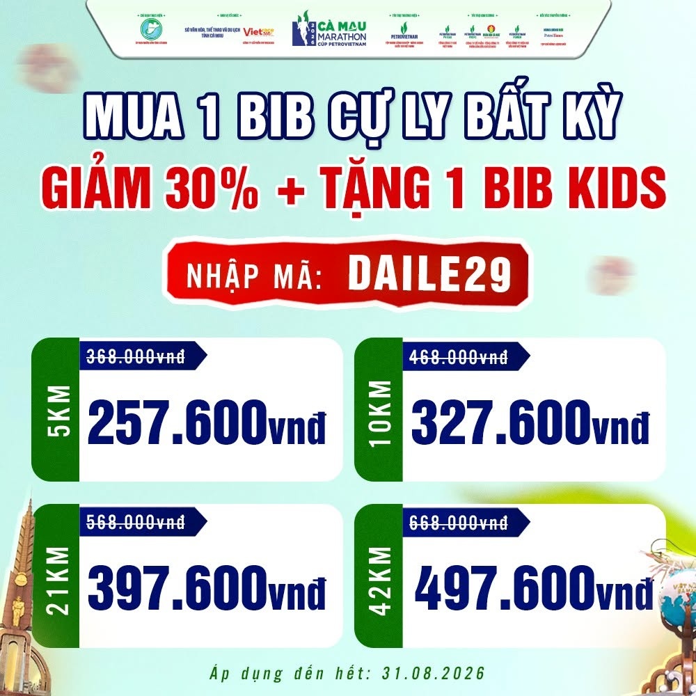 Cà Mau Marathon 2026 - Cúp PETROVIETNAM tung ưu đãi 30% nhân dịp Quốc khánh 2/9