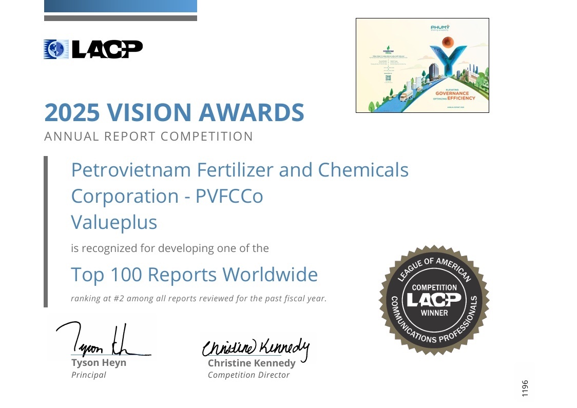 PVFCCo - Phú Mỹ xếp hạng Nhì toàn cầu, giành 2 giải bạch kim tại LACP 2025 Vision Awards (Hoa Kỳ) PVFCCo - Phú Mỹ xếp hạng Nhì toàn cầu, giành 2 giải bạch kim tại LACP 2025 Vision Awards (Hoa Kỳ)
