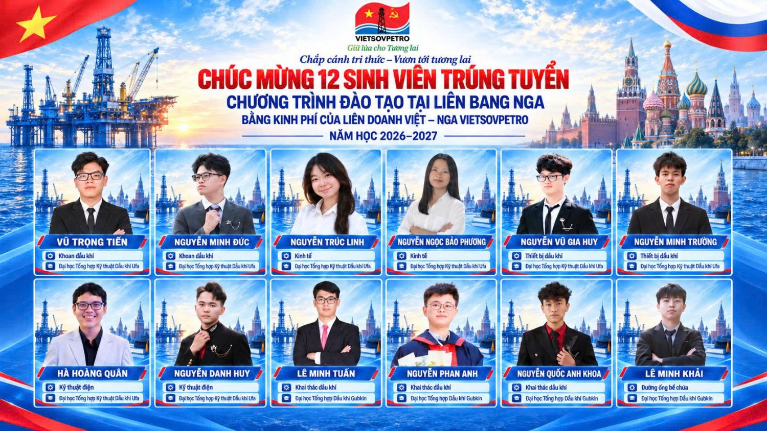 12 sinh viên trúng tuyển chương trình đào tạo tại Liên bang Nha của VIETSOVPETRO Vietsovpetro: 12 sinh viên trúng tuyển chương trình đào tạo tại Liên bang Nga