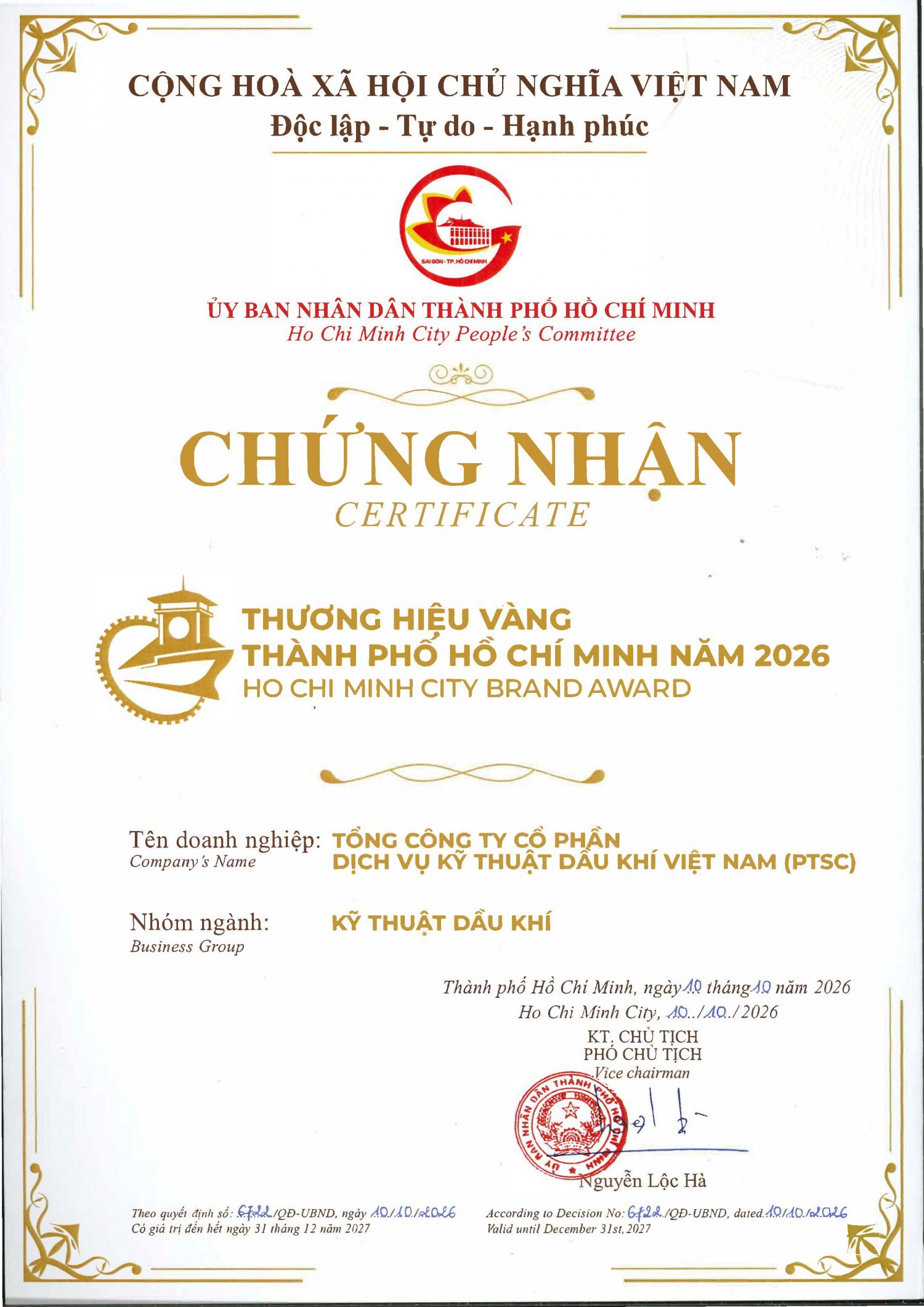 PTSC được vinh danh Thương hiệu Vàng TP HCM năm 2026