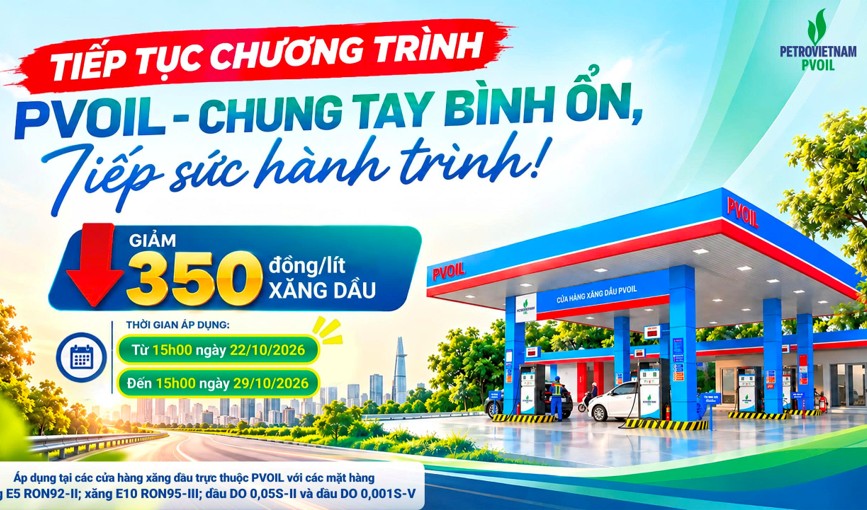 PVOIL tiếp tục giảm giá 350 đồng/lít xăng dầu đến ngày 29/10